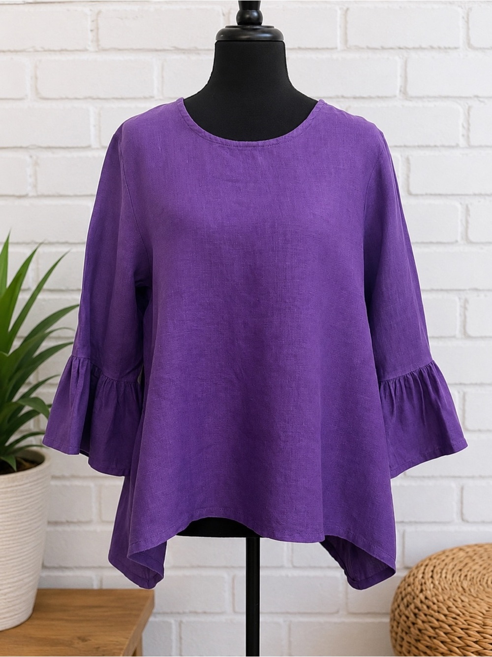 Bryn Walker Purple 100% Linen Tunic Top Bell Sleeve Hi Low Hem Lagenlook Size S